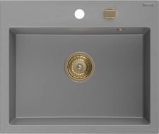 Mexen Oscar granieten spoelbak 1-bak 580 x 490 mm, grijs, gouden sifon - 6519581000-71-G