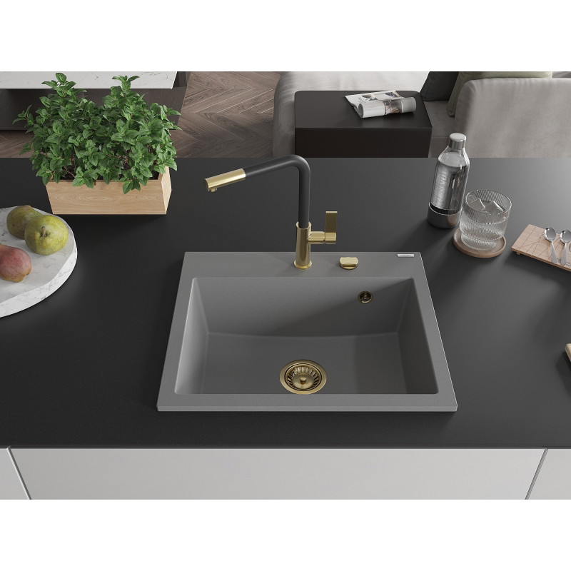 Mexen Oscar granit gootsteen 1-komerig 580 x 490 mm, grijs, gouden sifon - 6519581000-71-G