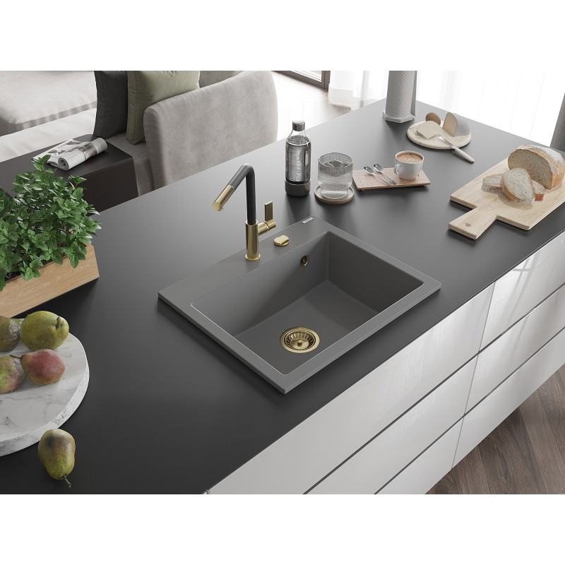 Mexen Oscar fregadero de granito de 1 seno 580 x 490 mm, gris, sifón dorado - 6519581000-71-G