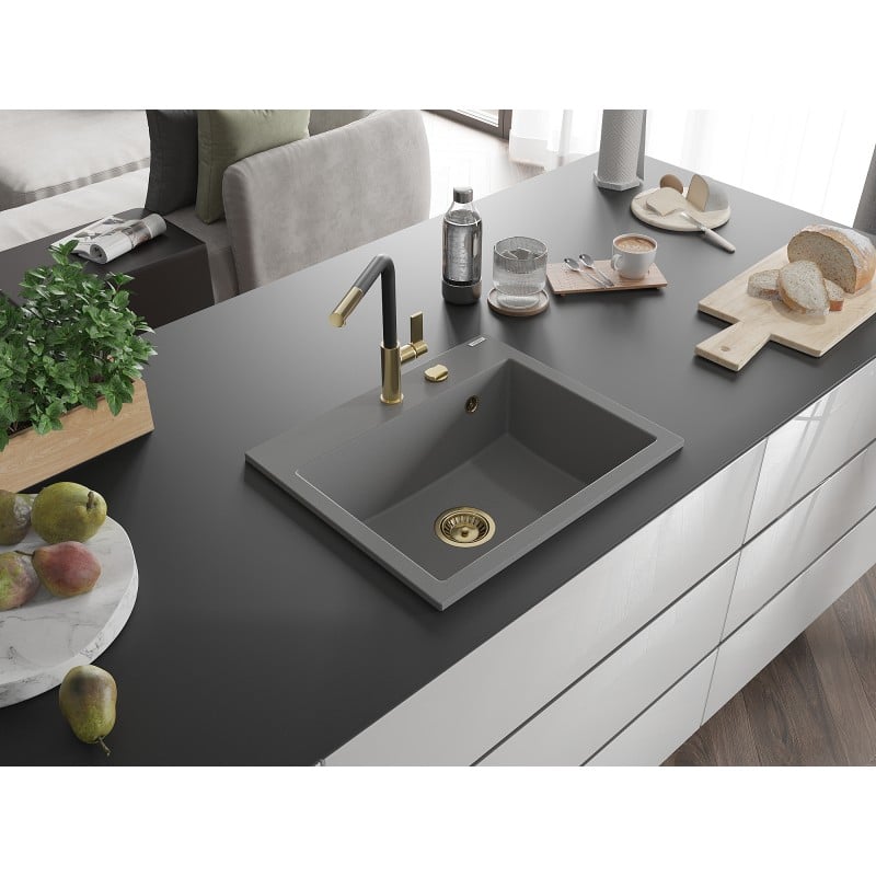 Mexen Oscar lavello in granito 1-vasca 580 x 490 mm, grigio, sifone dorato - 6519581000-71-G