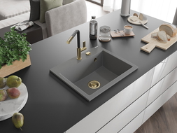Mexen Oscar Granitspüle 1-Becken 580 x 490 mm, grau, goldener Siphon - 6519581000-71-G