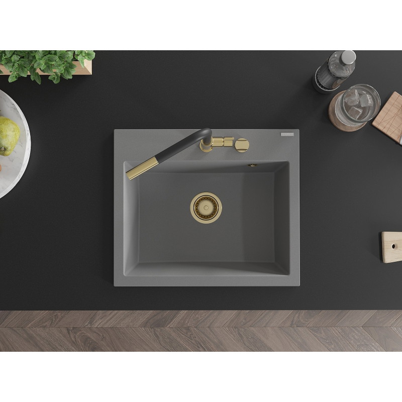 Mexen Oscar fregadero de granito de 1 seno 580 x 490 mm, gris, sifón dorado - 6519581000-71-G