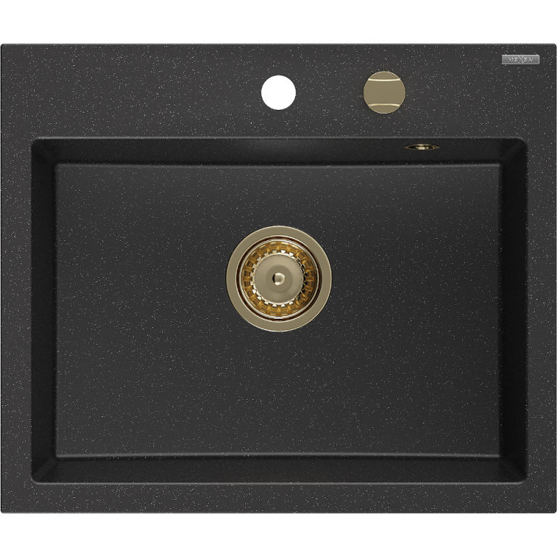 Mexen Oscar fregadero de granito de 1 seno 580 x 490 mm, negro/plata metalizado, sifón dorado - 6519581000-73-G