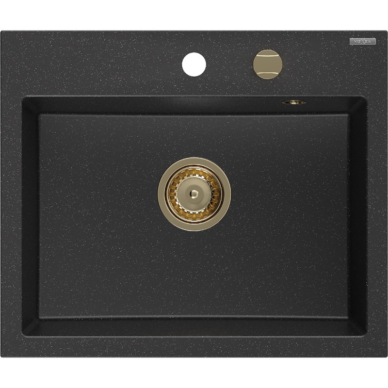 Mexen Oscar fregadero de granito de 1 seno 580 x 490 mm, negro/plateado metalizado, sifón dorado - 6519581000-73-G