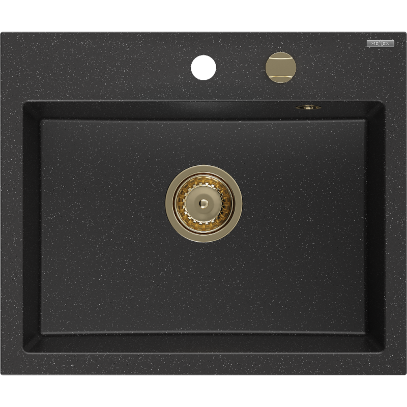 Mexen Oscar Granitspüle 1-Becken 580 x 490 mm, schwarz/silber metallic, goldener Siphon - 6519581000-73-G