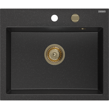 Mexen Oscar zlewozmywak granitowy 1-komorowy 580 x 490 mm, czarny/srebrny metalik, syfon złoty - 6519581000-73-G