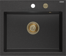 Mexen Oscar granieten spoelbak 1-kamer 580 x 490 mm, zwart/zilveren metallic, gouden sifon - 6519581000-73-G