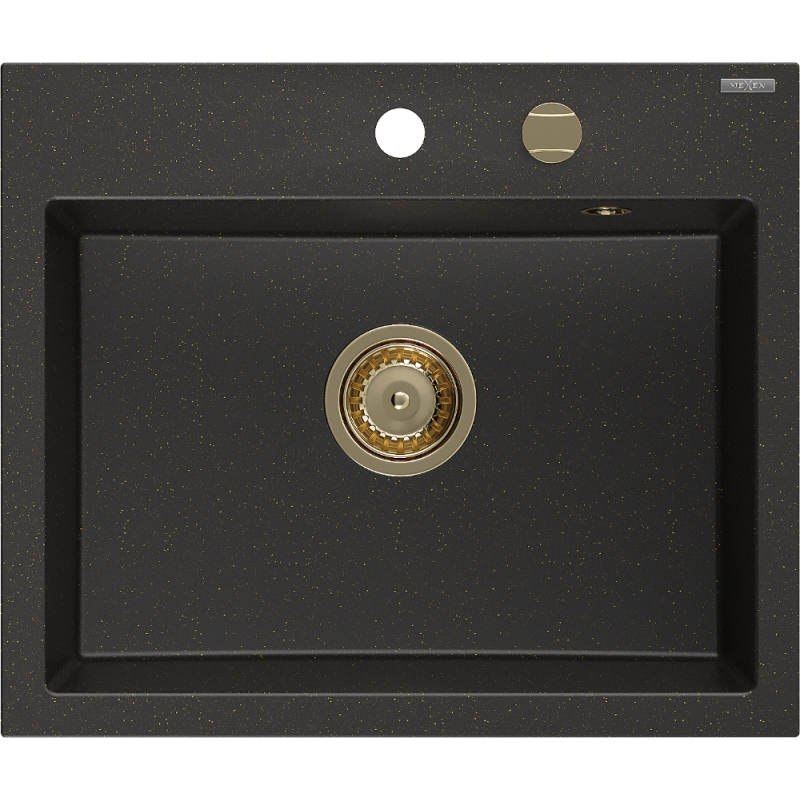 Mexen Oscar granit diskbänk 1-fack 580 x 490 mm, svart/guldmetallic, guldvattenlås - 6519581000-75-G