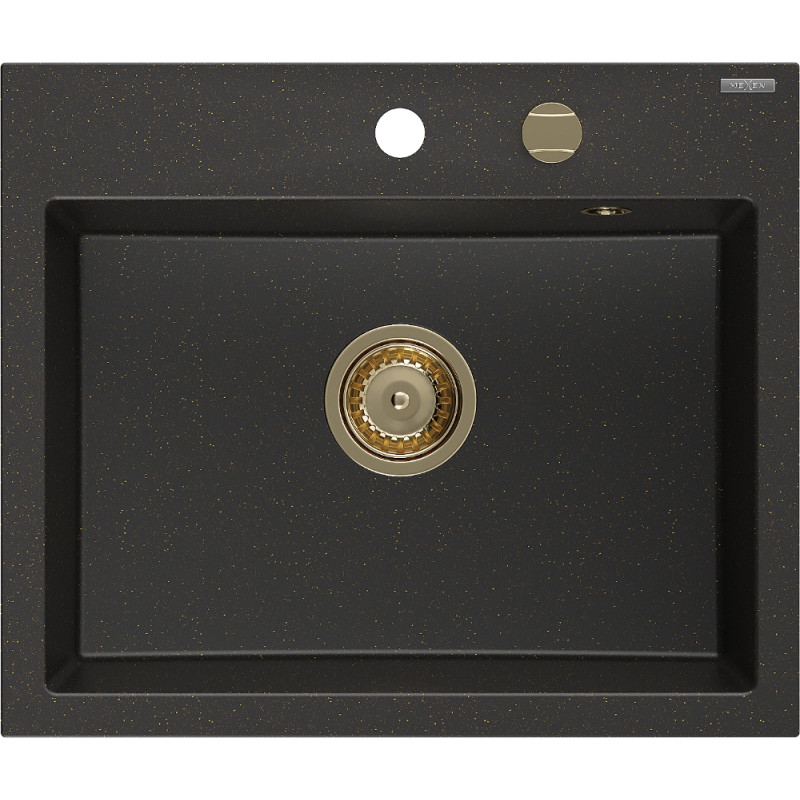 Mexen Oscar granit gootsteen 1-compartiment 580 x 490 mm, zwart/goud metallic, sifon goud - 6519581000-75-G