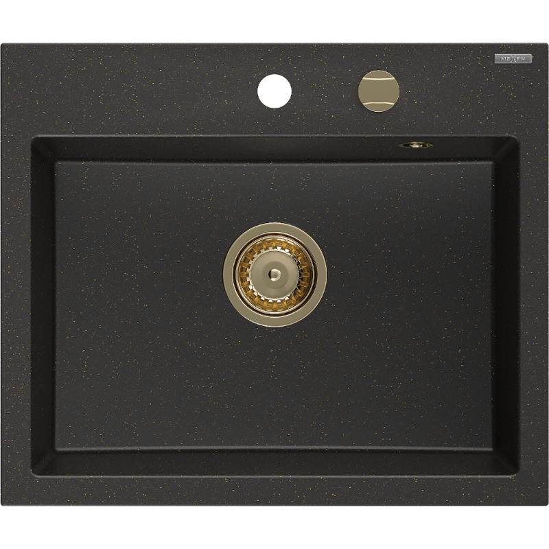 Mexen Oscar granite sink 1-bowl 580 x 490 mm, black/gold metallic, gold siphon - 6519581000-75-G
