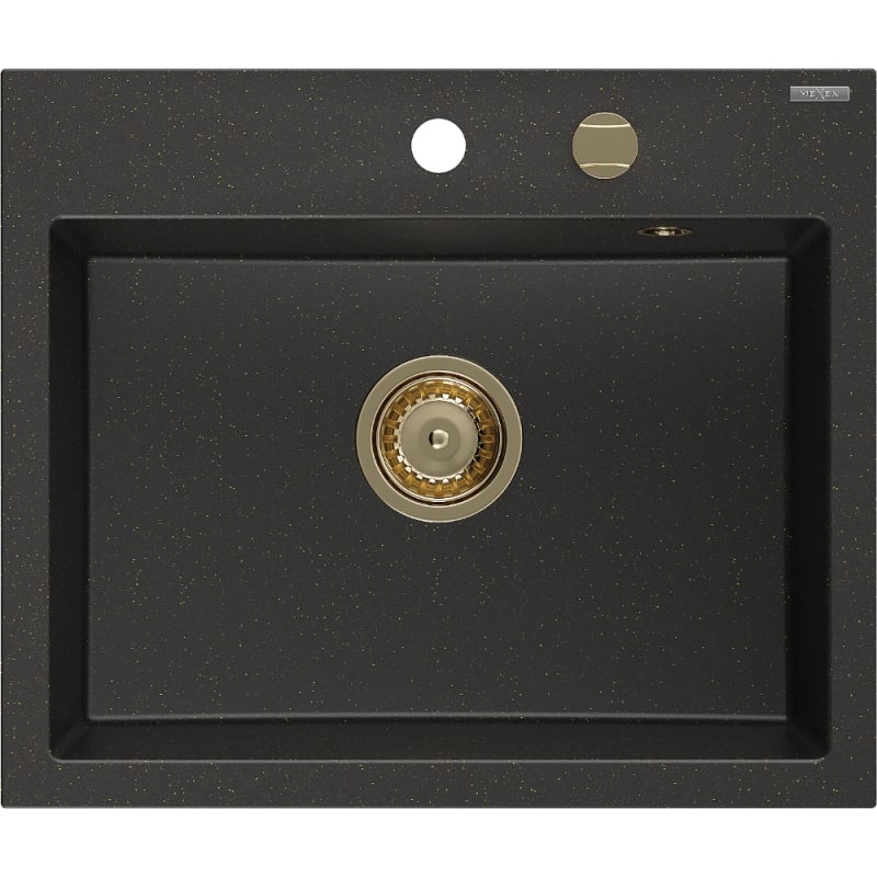 Mexen Oscar Granitspüle 1-Kammer 580 x 490 mm, schwarz/golden metallic, goldener Siphon - 6519581000-75-G