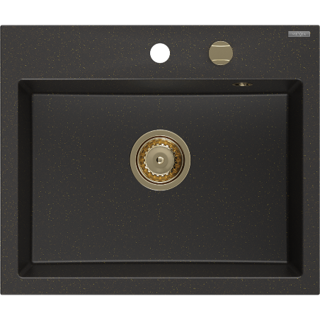 Mexen Oscar granieten spoelbak 1-kompartiment 580 x 490 mm, zwart/goud metallic, gouden sifon - 6519581000-75-G