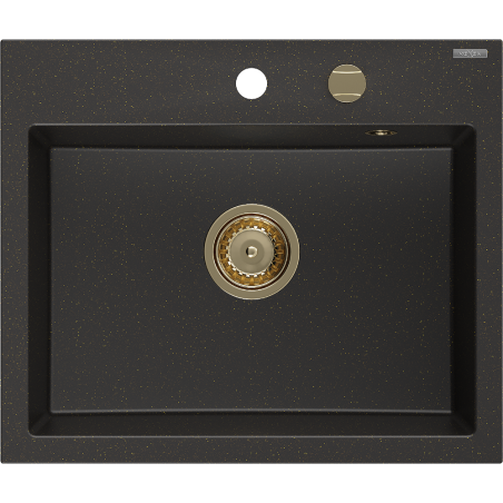 Mexen Oscar Granitspüle 1-Kammer 580 x 490 mm, schwarz/golden metallic, goldener Siphon - 6519581000-75-G