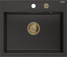 Mexen Oscar granieten spoelbak 1-kompartiment 580 x 490 mm, zwart/goud metallic, gouden sifon - 6519581000-75-G