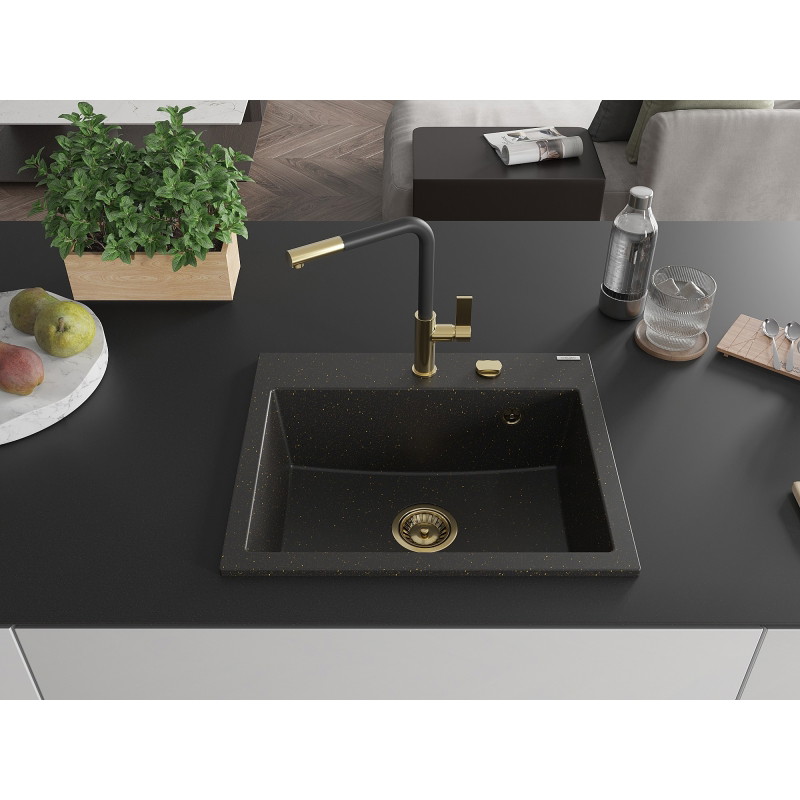 Mexen Oscar granit gootsteen 1-compartiment 580 x 490 mm, zwart/goud metallic, sifon goud - 6519581000-75-G