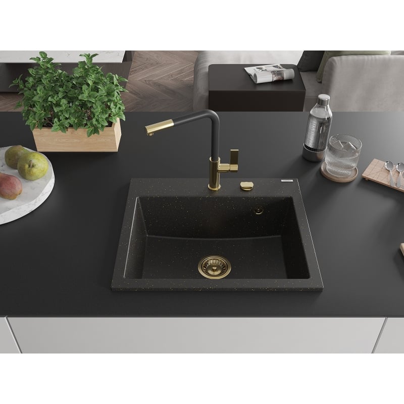 Mexen Oscar Granitspüle 1-Kammer 580 x 490 mm, schwarz/golden metallic, goldener Siphon - 6519581000-75-G