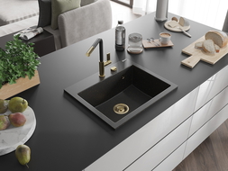 Mexen Oscar Granitspüle 1-beckig 580 x 490 mm, schwarz/gold metallic, goldener Siphon - 6519581000-75-G