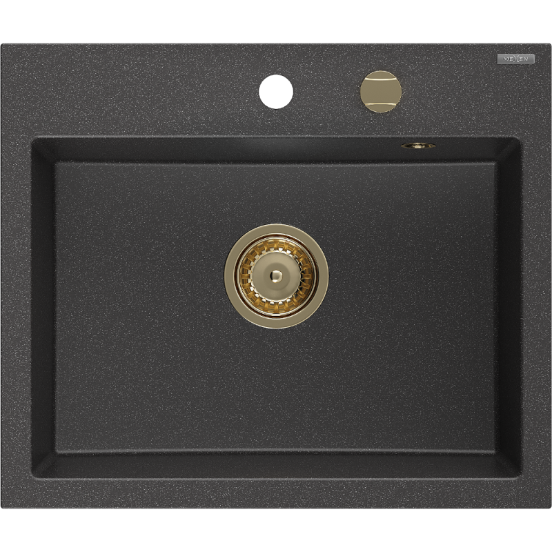 Mexen Oscar granieten spoelbak 1-kompartment 580 x 490 mm, zwart gespikkeld, gouden sifon - 6519581000-76-G
