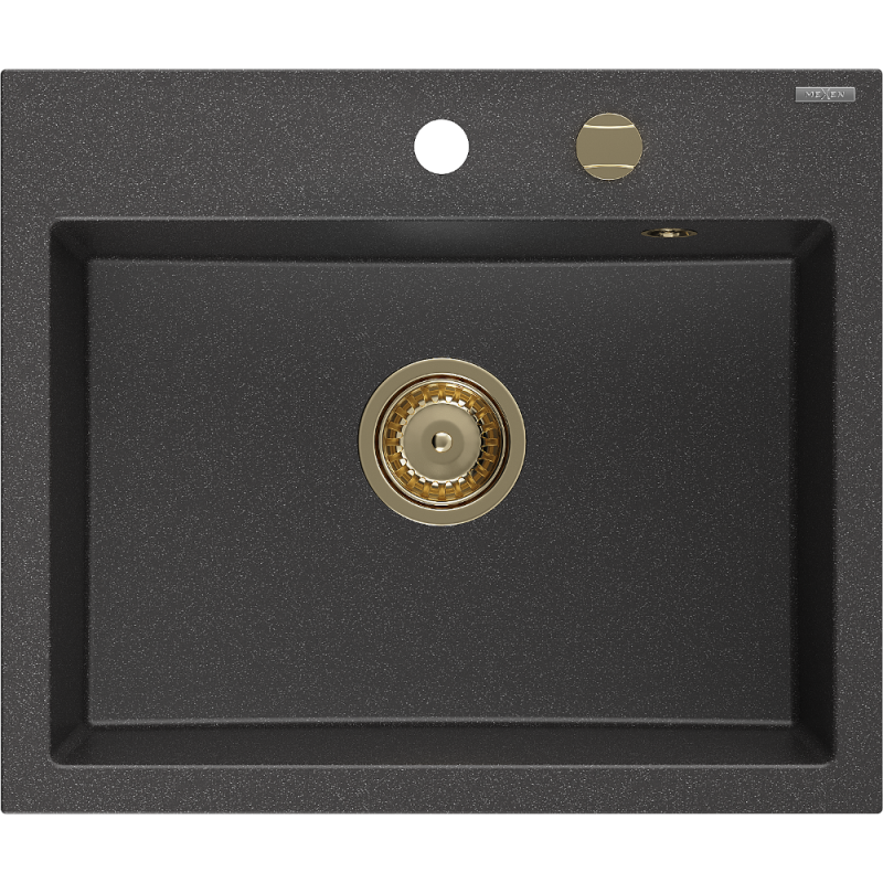 Mexen Oscar granitdiskbänk med en ho 580 x 490 mm, svart prickig, guldig avloppssats - 6519581000-76-G