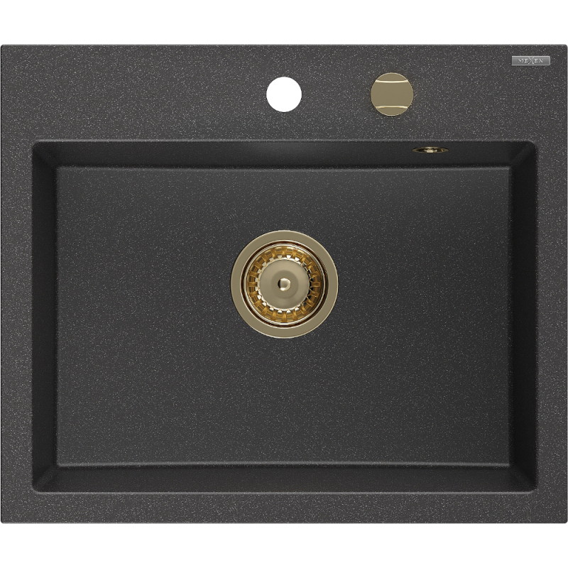 Mexen Oscar zlewozmywak granitowy 1-komorowy 580 x 490 mm, czarny nakrapiany, syfon złoty - 6519581000-76-G