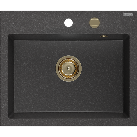 Mexen Oscar Granitspüle 1-beckig 580 x 490 mm, schwarz gesprenkelt, goldener Siphon - 6519581000-76-G