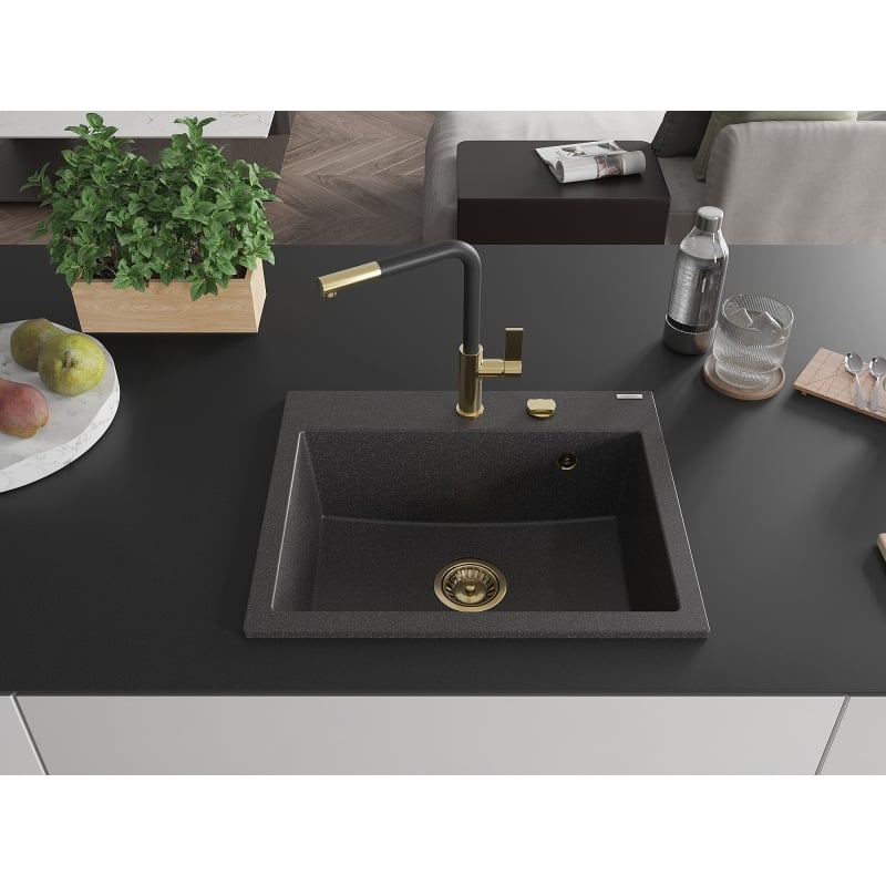 Mexen Oscar 1-Bowl Granite Sink 580 x 490 mm, Black Speckled, Gold Siphon - 6519581000-76-G