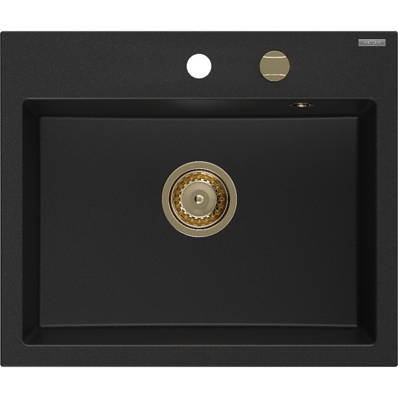 Mexen Oscar fregadero de granito de 1 seno 580 x 490 mm, negro, sifón dorado - 6519581000-77-G