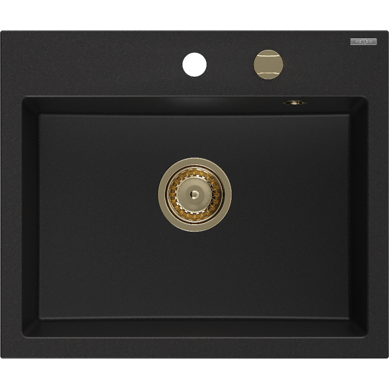Mexen Oscar lavello in granito 1-vasca 580 x 490 mm, nero, sifone dorato - 6519581000-77-G