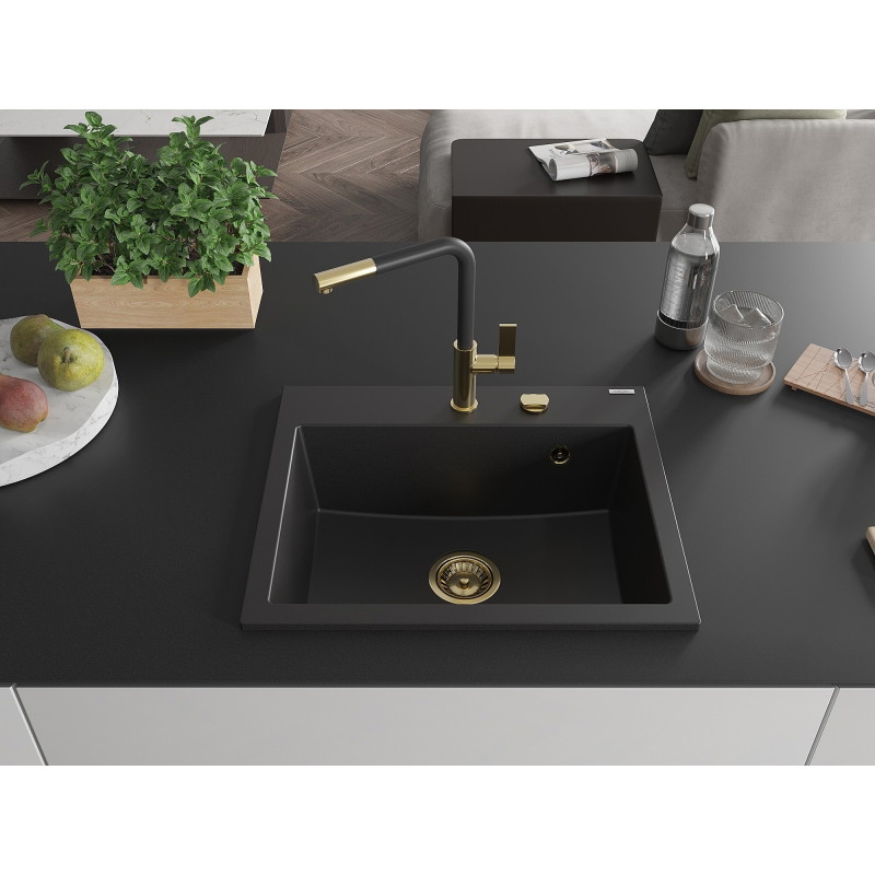 Mexen Oscar Granitspüle ein Becken 580 x 490 mm, schwarz, goldener Siphon - 6519581000-77-G