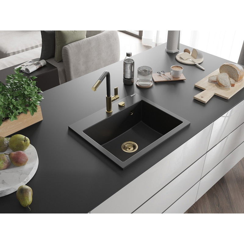 Mexen Oscar Granitspüle ein Becken 580 x 490 mm, schwarz, goldener Siphon - 6519581000-77-G