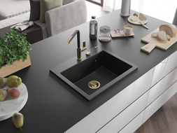 Mexen Oscar granite kitchen sink 1-bowl 580 x 490 mm, black, gold siphon - 6519581000-77-G