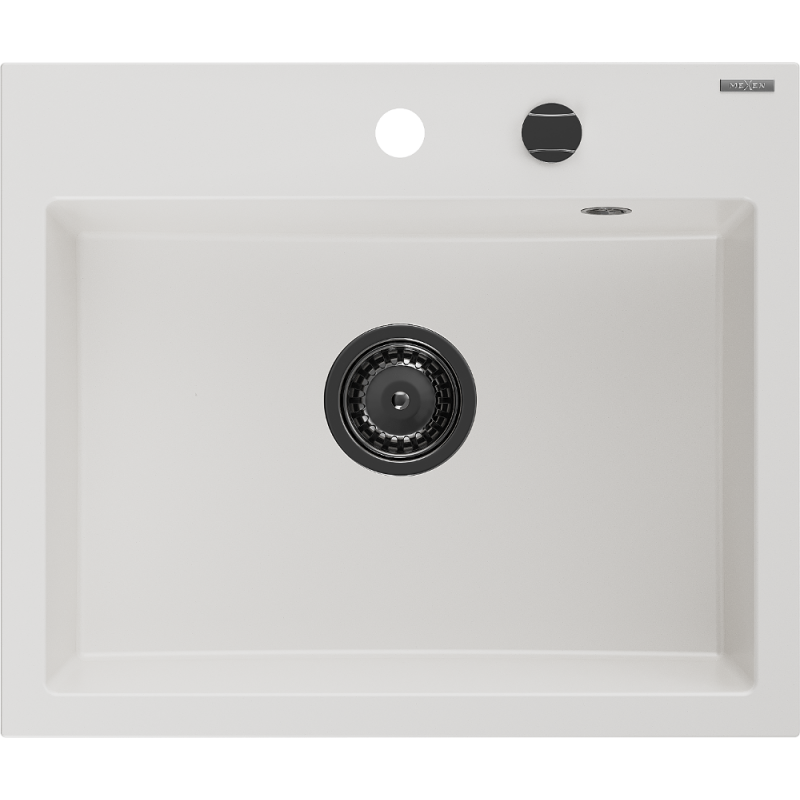 Mexen Oscar fregadero de granito de 1 cubeta 580 x 490 mm, blanco, sifón negro - 6519581000-20-B