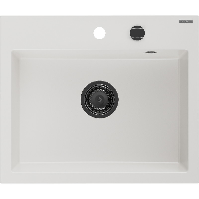 Mexen Oscar fregadero de granito de 1 seno 580 x 490 mm, blanco, sifón negro - 6519581000-20-B