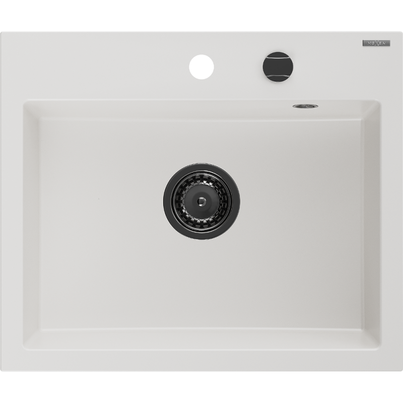 Mexen Oscar granitdiskbänk 1-fack 580 x 490 mm, vit, svart avloppssats - 6519581000-20-B