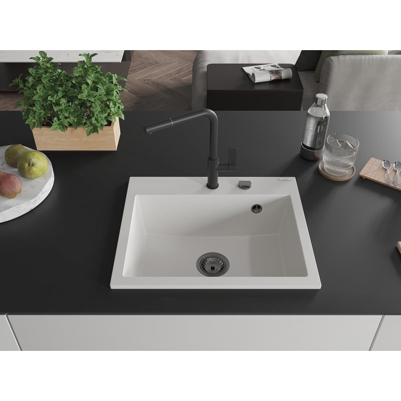 Mexen Oscar lava-loiça de granito com 1 cuba 580 x 490 mm, branco, sifão preto - 6519581000-20-B