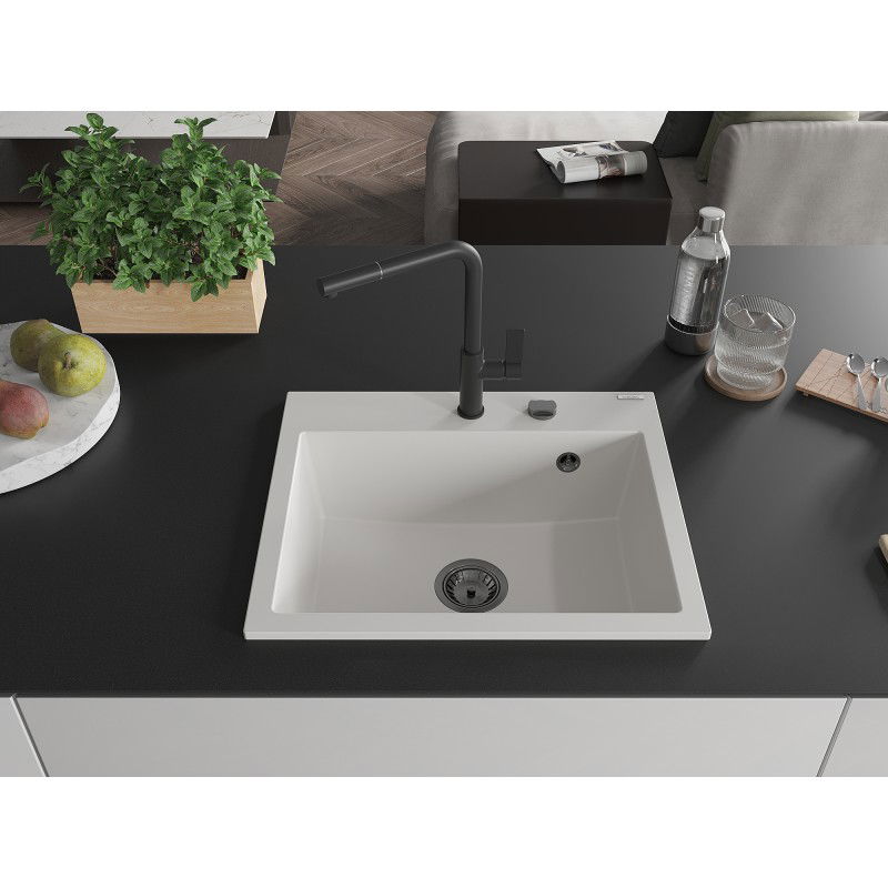 Mexen Oscar lavello in granito 1 vasca 580 x 490 mm, bianco, sifone nero - 6519581000-20-B