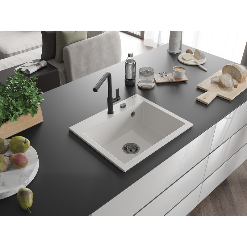 Mexen Oscar Évier en granit à 1 bac 580 x 490 mm, blanc, siphon noir - 6519581000-20-B