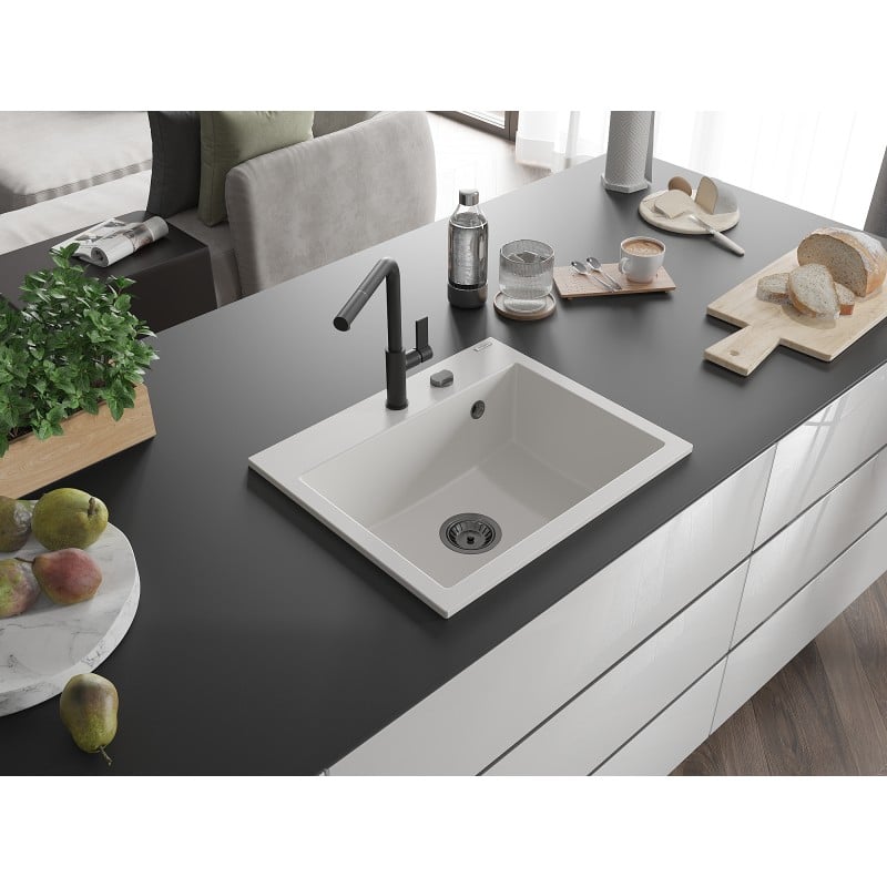 Mexen Oscar fregadero de granito de 1 cubeta 580 x 490 mm, blanco, sifón negro - 6519581000-20-B