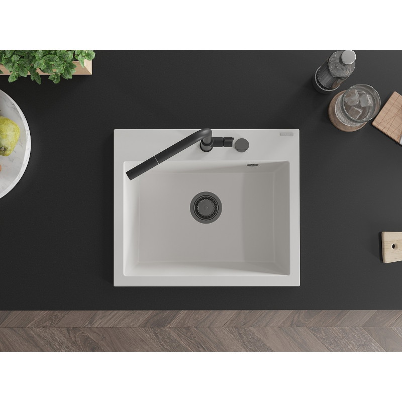 Mexen Oscar fregadero de granito de 1 seno 580 x 490 mm, blanco, sifón negro - 6519581000-20-B