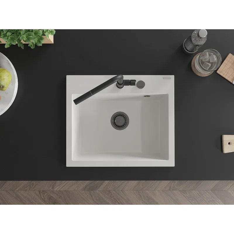 Mexen Oscar Granitspüle 1-Becken 580 x 490 mm, weiß, schwarzer Siphon - 6519581000-20-B