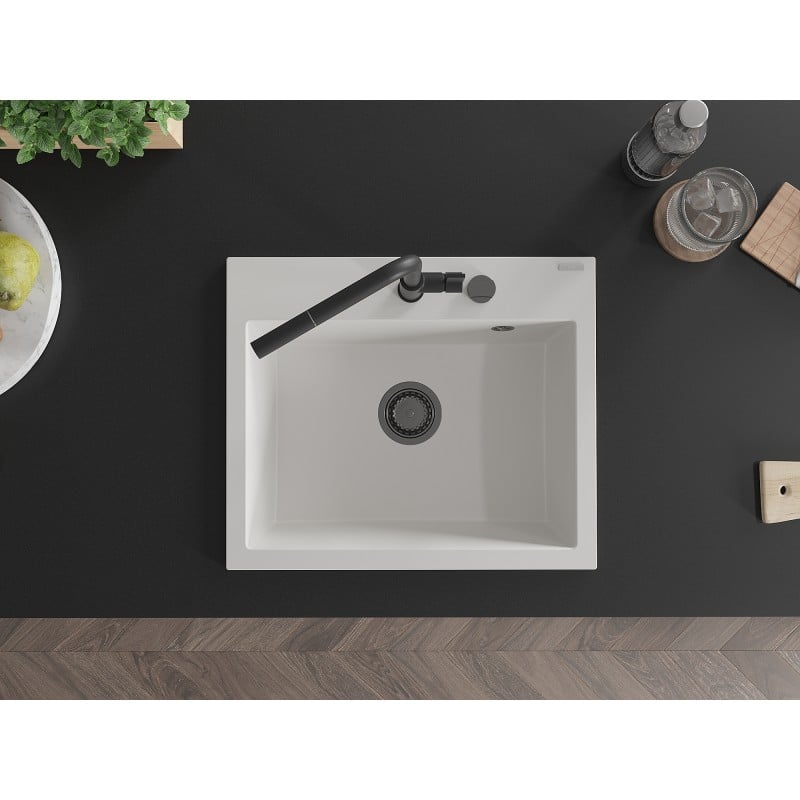 Mexen Oscar lava-loiça de granito com 1 cuba 580 x 490 mm, branco, sifão preto - 6519581000-20-B