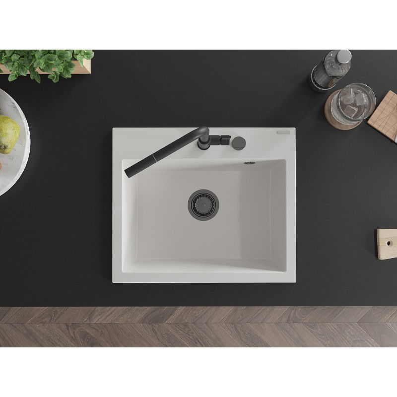 Mexen Oscar lavello in granito 1 vasca 580 x 490 mm, bianco, sifone nero - 6519581000-20-B