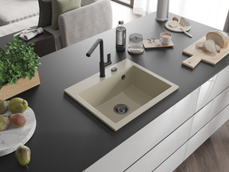 Mexen Oscar granieten gootsteen 1-kamer 580 x 490 mm, beige, zwarte sifon - 6519581000-69-B