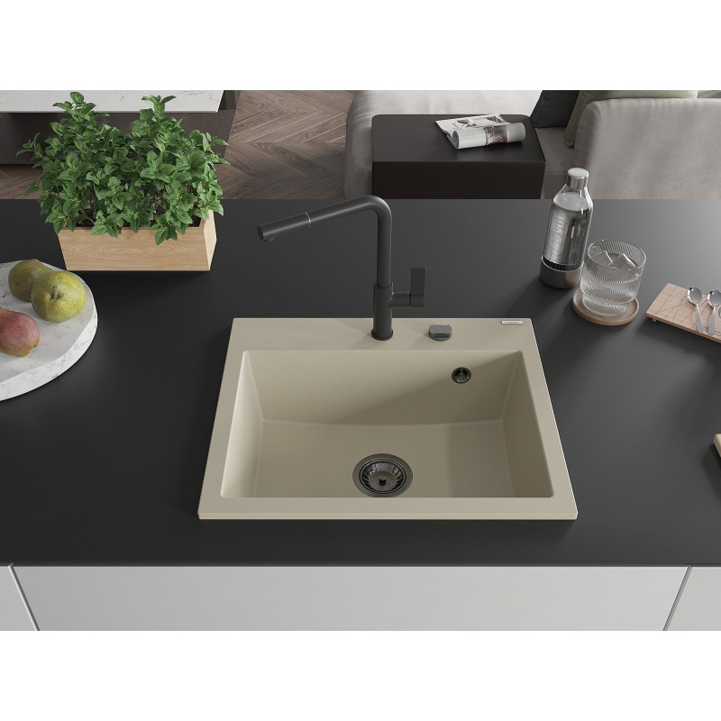 Mexen Oscar granitische spoelbak 1-komor 580 x 490 mm, beige, zwarte sifon - 6519581000-69-B