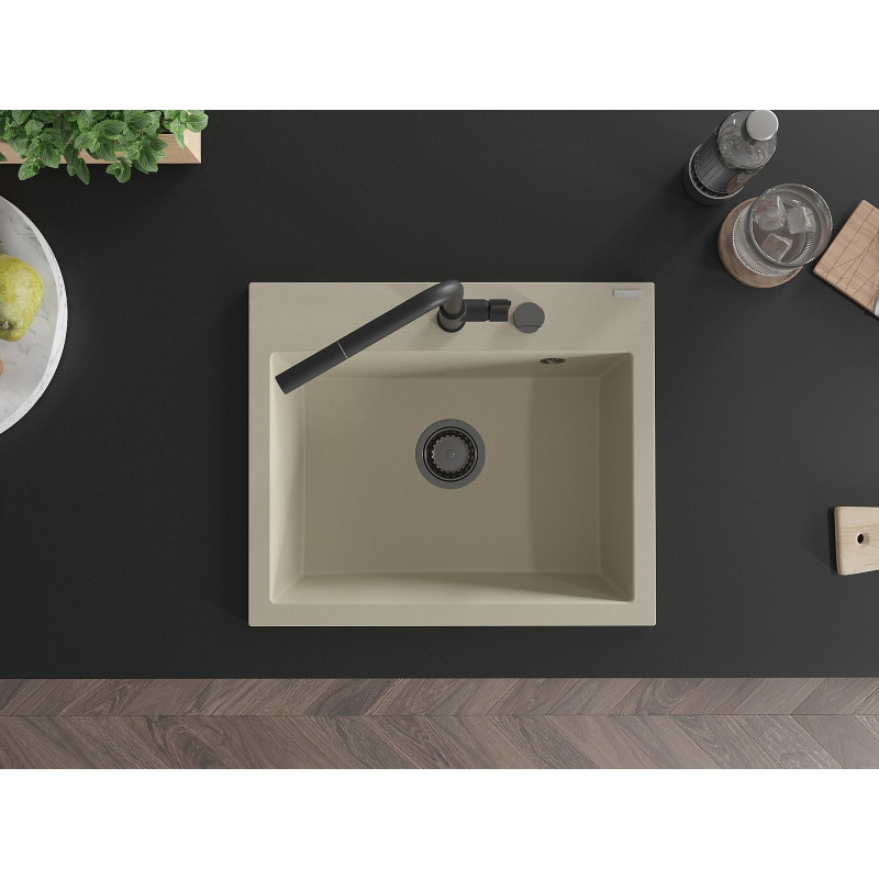 Mexen Oscar granitische spoelbak 1-komor 580 x 490 mm, beige, zwarte sifon - 6519581000-69-B