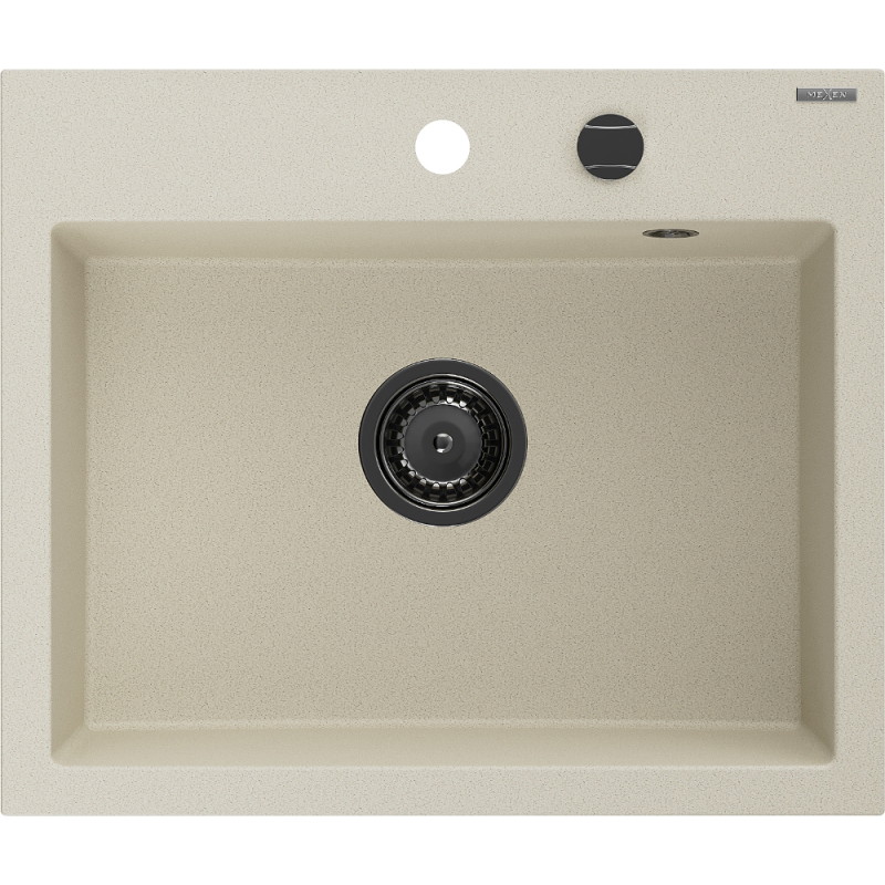Mexen Oscar granitische spoelbak 1-komor 580 x 490 mm, beige, zwarte sifon - 6519581000-69-B