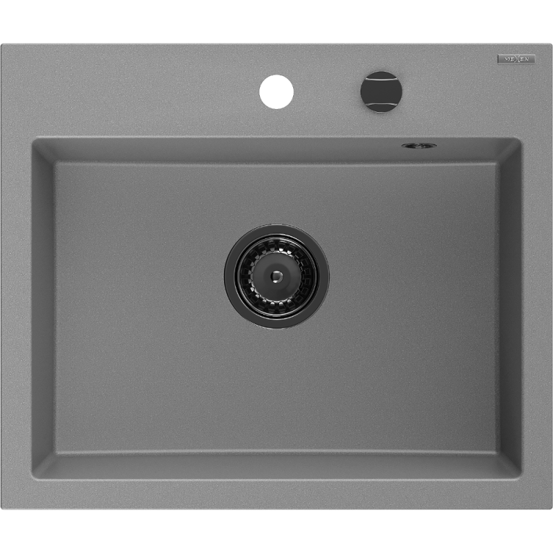 Mexen Oscar fregadero de granito de 1 seno 580 x 490 mm, gris, sifón negro - 6519581000-71-B