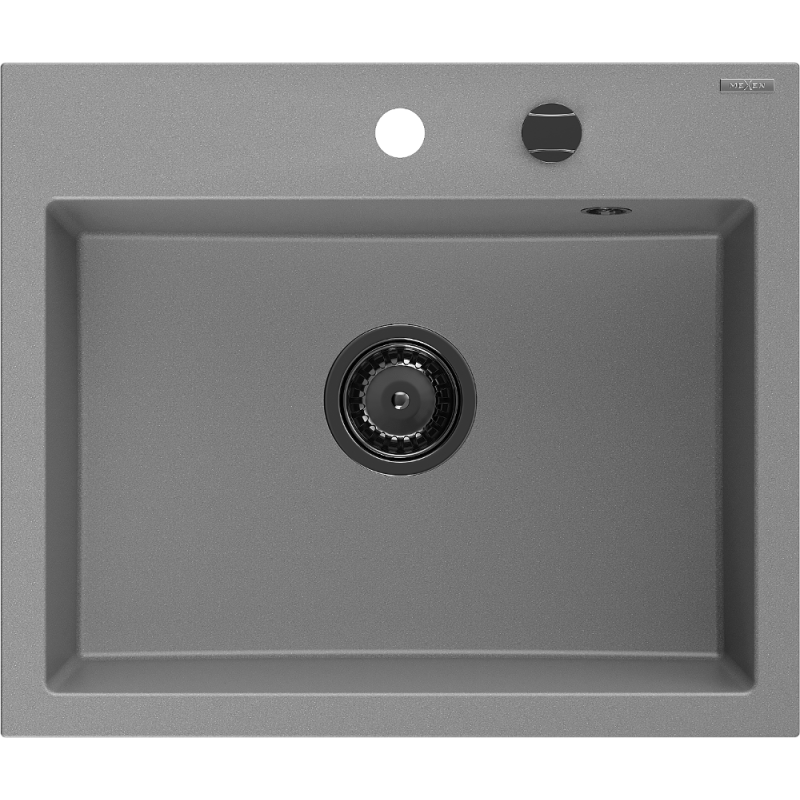Mexen Oscar granieten spoelbak 1-kompartment 580 x 490 mm, grijs, zwarte sifon - 6519581000-71-B