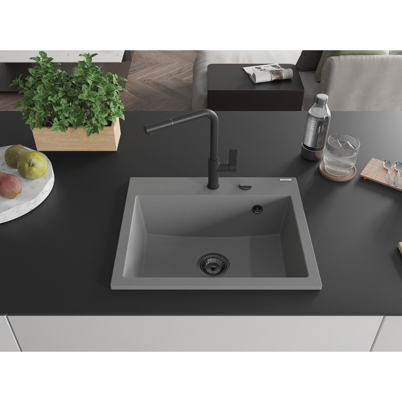 Mexen Oscar granit gootsteen 1-kamer 580 x 490 mm, grijs, zwarte sifon - 6519581000-71-B