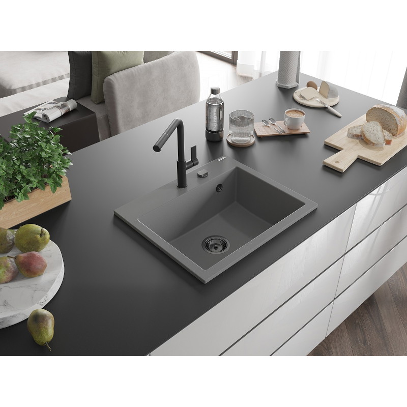 Mexen Oscar granit gootsteen 1-kamer 580 x 490 mm, grijs, zwarte sifon - 6519581000-71-B